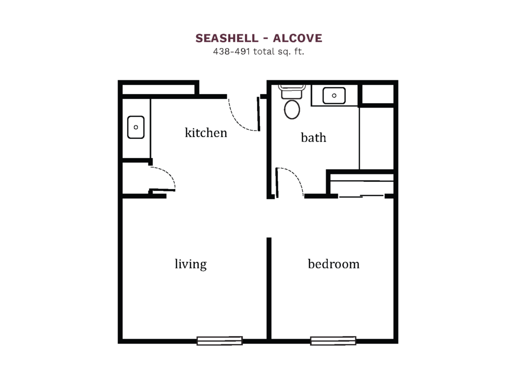 Assisted Living Seashell - Alcove – One Bedroom floor plan image.