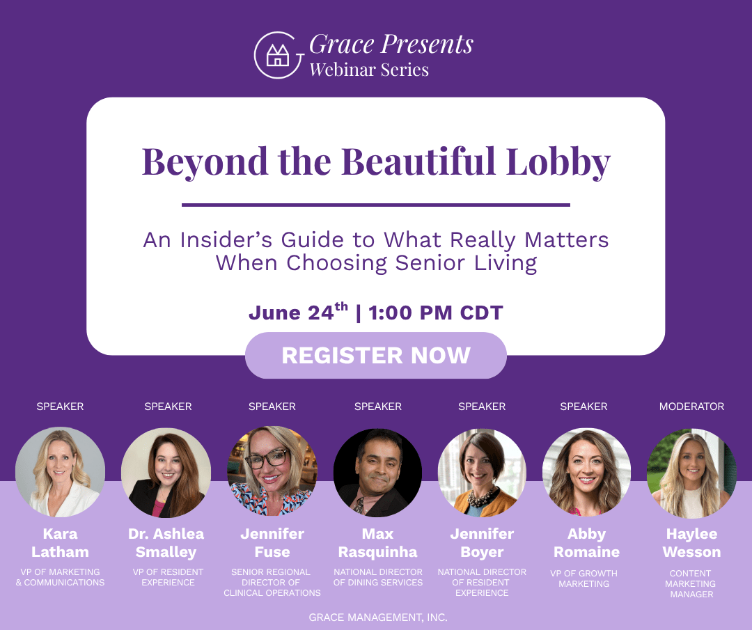 Grace Presents webinar banner for 'Beyond the Beautiful Lobby' with date June 24, 1:00 PM CDT and a prominent Register Now button on a purple background.
